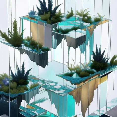 abstract floors of glass and plants, a photorealistic painting by Nicholas Marsicano , [:anime line art:0.2], Light and Cold themed, epic splash art , lyrical abstraction, , realistic