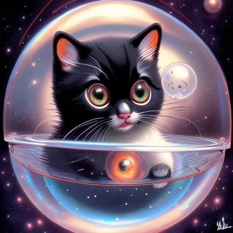 a big eyed cute kitten in a bubble space, a polaroid photo by Wayne Barlowe , [:anime line art:0.2], Nature themed, epic splash art , retrofuturism, , realistic
