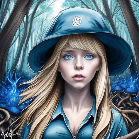 open eye girl, blond hair, blue clothes and hat, in a forest with trees and mushrooms, drawing, a pencil sketch by Mary Black , [:anime line art:0.2], Energy themed, epic splash art , hyperrealism, , surrealism