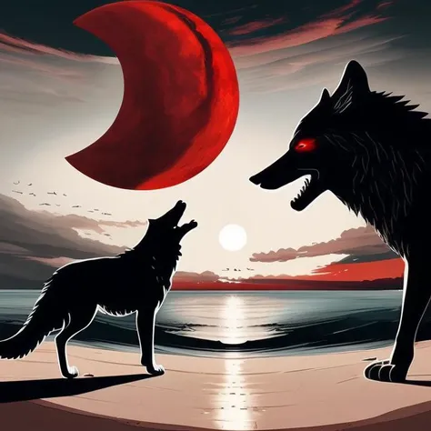 a painting of a wolf looking at a red half moon, on a beach, a surrealist sculpture by Maciej Kuciara , [:anime line art:0.2], divine and Earth and Space themed, epic splash art , conceptual art, , surrealism