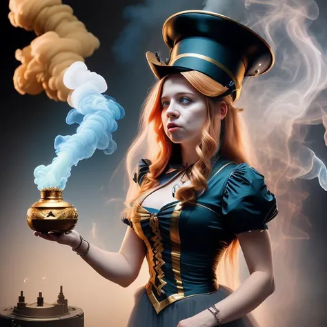 realistic photo of alice with a golden hat and a fuming object in her hand, a pastel by Daniel Libeskind , [:anime line art:0.2], Thunder and Light and Elemental themed, epic splash art , magic realism, , surrealism