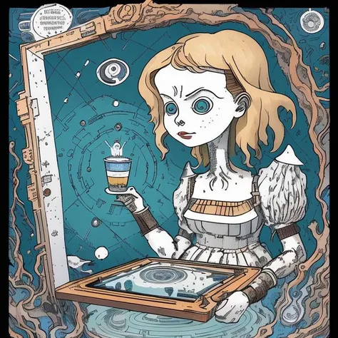 Alice in a technological world with a person with a frame head, poster art by Lynda Barry , [:anime line art:0.2], Frost and Nature themed, epic splash art , aestheticism, , surrealism