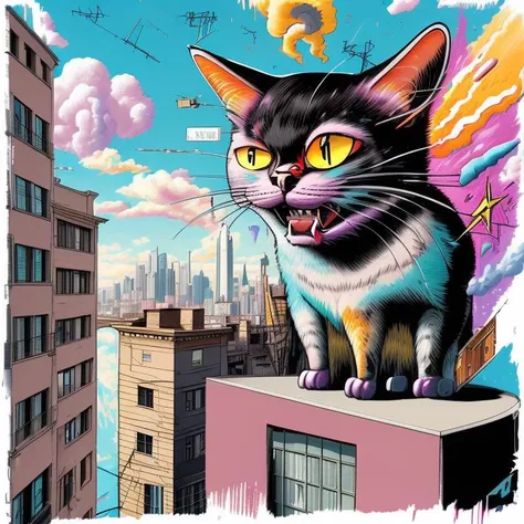 a graffiti of a cat on a building, colorful, a pastel by Antoine Wiertz , [:anime line art:0.2], Energy and Earth themed, epic splash art , harlem renaissance, , surrealism
