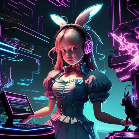 Alice girl with neon rabbit hears, Video game rendering, unreal engine, computer graphics by Choi Buk , [:anime line art:0.2], solar and Acid themed, epic splash art , bengal school of art, , realistic