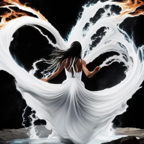 a painting of a woman in a white dress, abstract world, a photo by Phil Jimenez , [:anime line art:0.2], Dark and Stone and Wind and (fire:0.6) themed, epic splash art , magical realism, , realistic
