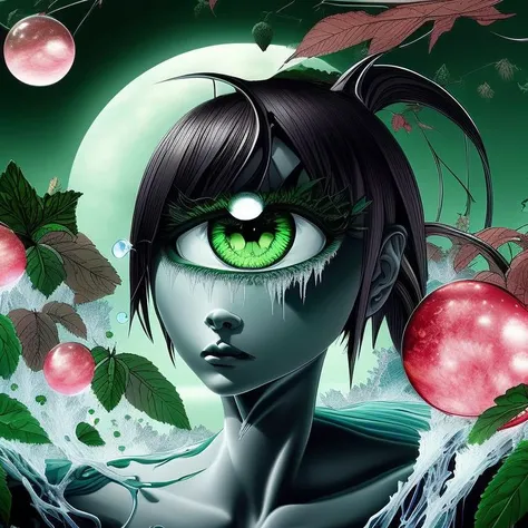 green eye anime character with ping bubbles and leaves and a green moon, a surrealist sculpture by Russell Ayto , [:anime line art:0.2], Frost and Shadow themed, epic splash art , american realism, , realistic