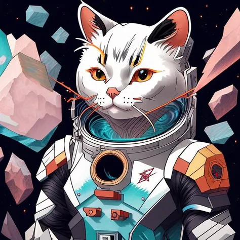 a portrait of an astronaut cat, a sketch by Range Murata , [:anime line art:0.2], Mist and (fire:0.6) and Poison and Nature themed, epic splash art , crystal cubism, , abstract