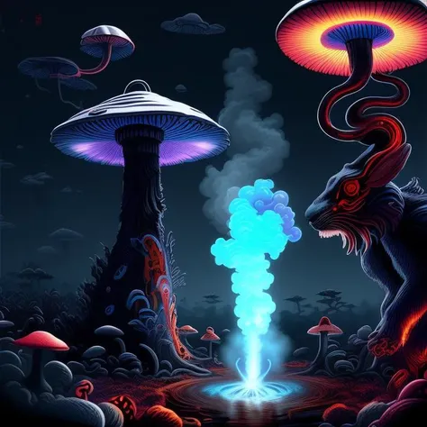 fuming blue bunny, mushroom, psychedelic, a matte painting by Joseph Keppler , [:anime line art:0.2], Plasma themed, epic splash art , folk art, , surrealism