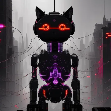 a robotic cat, in a cloudy cyberpunk city, fog, an engraving by Adam Martinakis , [:anime line art:0.2], Plasma themed, epic splash art , neo-dada, , abstract