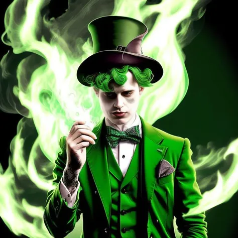 green photo of a hatter man in a green suit, a tattoo by Hendrik Kerstens , [:anime line art:0.2], (fire:0.6) and Energy themed, epic splash art , arabesque, , abstract