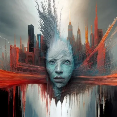 abstract face in a city landscape, a photorealistic painting by Mark English , [:anime line art:0.2], celestial and Heat and Thunder and Water themed, epic splash art , auto-destructive art, , abstract