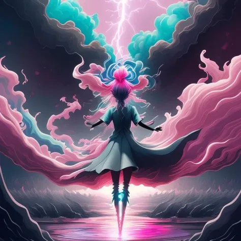 Pink and blue fumes, strange world, girl facing away, digital painting, an ambient occlusion render by Pinchus Kremegne , [:anime line art:0.2], Lightning and Crystal themed, epic splash art , fine art, , abstract