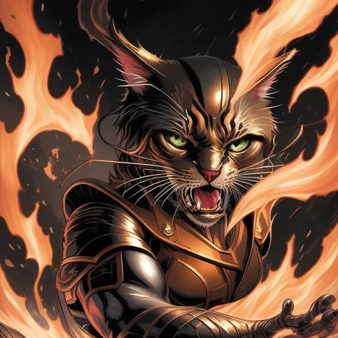 A comic book of a metallic cat, realist rendering, a picture by Cliff Childs , [:anime line art:0.2], (fire:0.6) themed, epic splash art , mannerism, , realistic