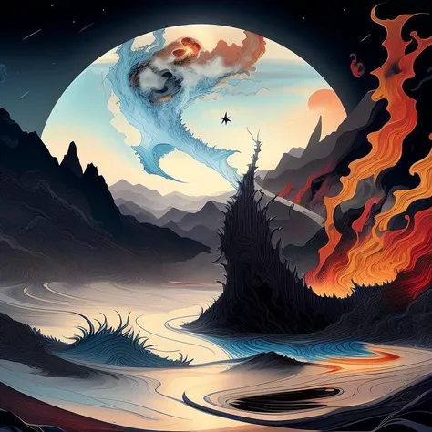 a broken picture, moons, landscape, abstract, a tattoo by Kuang Hong , [:anime line art:0.2], Dark and (fire:0.6) and solar and Frost themed, epic splash art , danube school, , surrealism