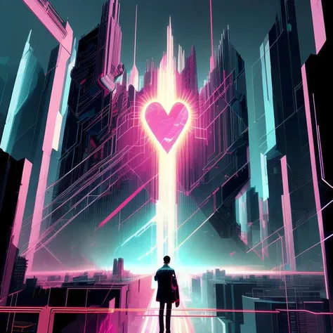a digital rendering of a city landscape, heart on a building, cyberpunk city, poster art by Thomas Aquinas Daly , [:anime line art:0.2], Crystal and Energy and Light themed, epic splash art , plasticien, , abstract