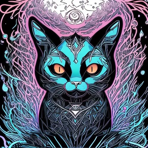 a magical cat with a floating head, intricate, painting, a cartoon by Ruth Abrahams , [:anime line art:0.2], Metal and Hex themed, epic splash art , art deco, , surrealism