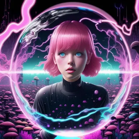 Girl with pink hair, mushroom city in a bubble, neons, a microscopic photo by Pieter Mulier the Elder , [:anime line art:0.2], Lightning and Sound themed, epic splash art , happening, , surrealism