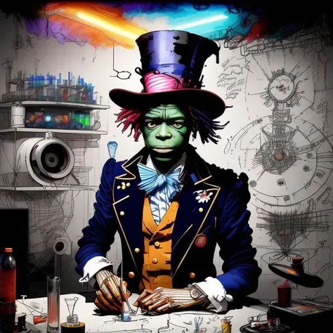 realistic drawing of a hatter person in a colorful tech atelier, a sketch by Jean-Michel Basquiat , [:anime line art:0.2], Crystal and celestial and Poison and Time themed, epic splash art , les automatistes, , surrealism