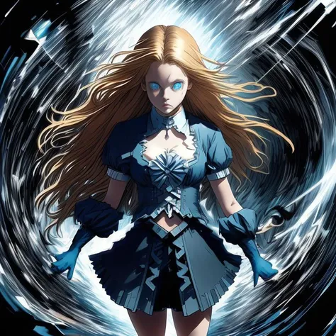 an anime alice with an intense look in her blue eyes, digital world, a photocopy by Charles Le Brun , [:anime line art:0.2], Dark and Time themed, epic splash art , plein air, , surrealism