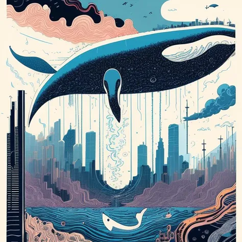 a giant whale and a city, poster art by Rube Goldberg , [:anime line art:0.2], Wind and Cold themed, epic splash art , psychedelic art, , surrealism