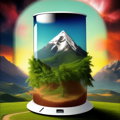 a picture of a lush world with a mountain inside a glass tube, Encapsulated