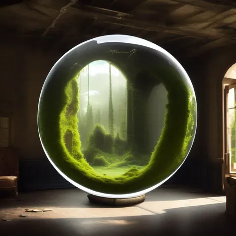a drawing of a forest inside a bubble, in a old ruin room, walls, moss, Encapsulated
