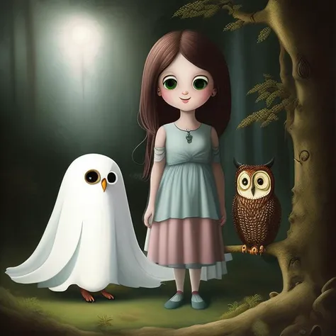 a drawing of a girl, a ghost and an owl in a dark forest, Imaginary Friend