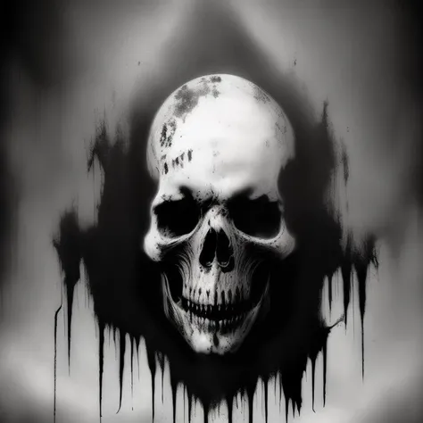 a horror skull face in the mist, dripping body, black and white, Cosmic Horrors