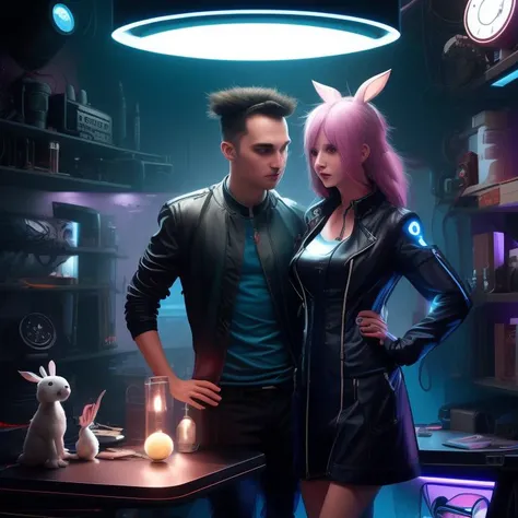 a girl and a boy and a rabbit, leather clothes, blue dress, cyberpunk room, Alice in Diffusion land