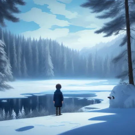 a landscape with snow, a frozen lake, a forest, and a boy, Somewhere