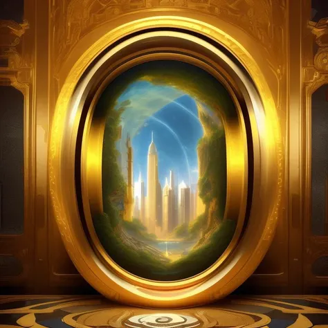 a drawing of a portal to a lush city, in a golden room, Encapsulated