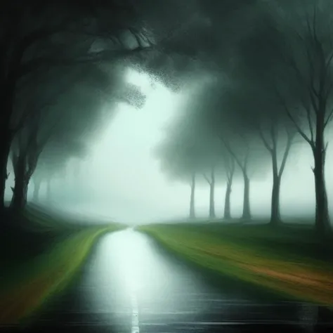 a sad painting of trees under the rain, a road to mist, Somewhere