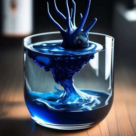 a 3D photo of a creature made of blue liquid in a glass, on a wooden table, Unmythical Creatures