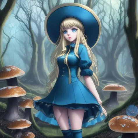open eye girl, blond hair, blue clothes and hat, in a forest with trees and mushrooms, drawing, Alice in Diffusion land