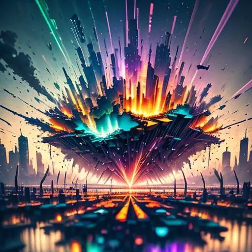 a 3D rendering of a city shattering, abstract art, Synesthesia