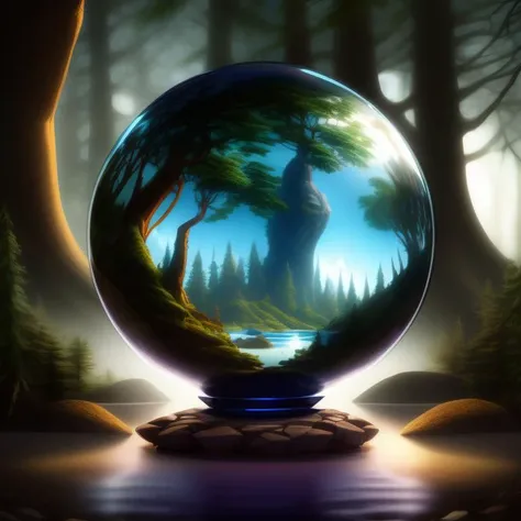 a digital painting of a forest inside a crystal ball, river, rocks, trees, Encapsulated