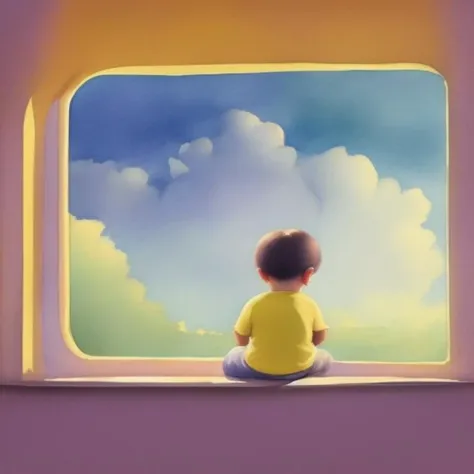 watercolor painting of a child looking at a window, yellow room, cloudy sky, Imaginary Friend