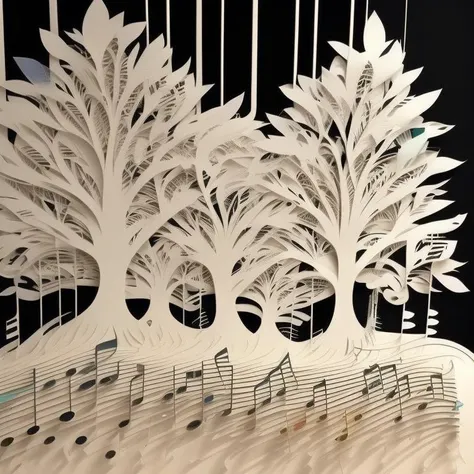 photo of paper cut art of trees and music notes, Synesthesia