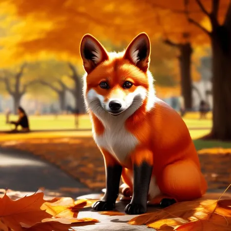 a realistic picture of a dog fox in autumn, sushing, in a park, Unmythical Creatures