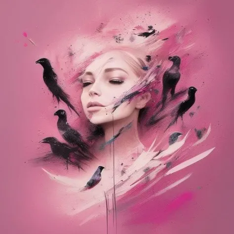 a pink painting of a violinist girl made of birds and paint, Synesthesia