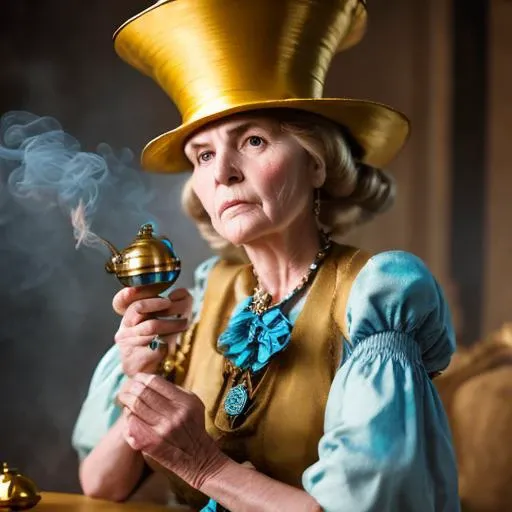 realistic photo of alice with a golden hat and a fuming object in her hand, Alice in Diffusion land