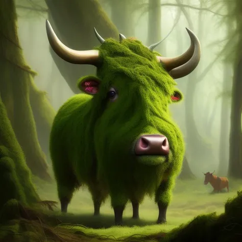 a drawing of a cow covered in grass and moss, in an old forest, Unmythical Creatures