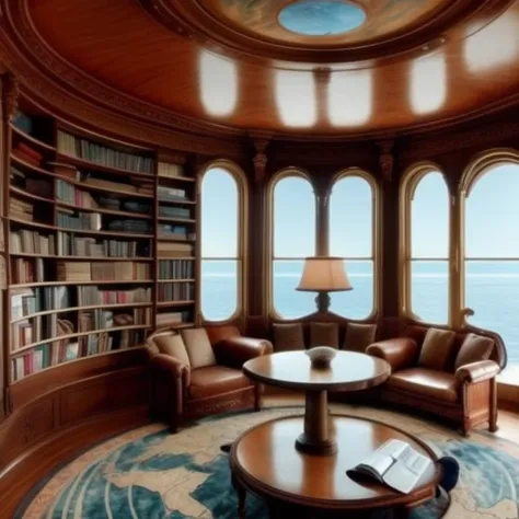 a surreal living room, library, windows on the sea, round table, Somewhere