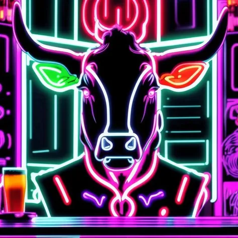 drawing of a cow at a bar, neon ears, horns, Futuristic Clothes