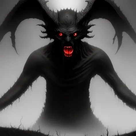 a dark creature with red eyes, mist, horror, Cosmic Horrors