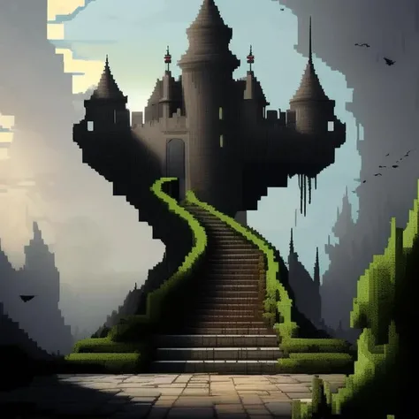 a pixel art of stairs toward a castle looking like a bird, Somewhere