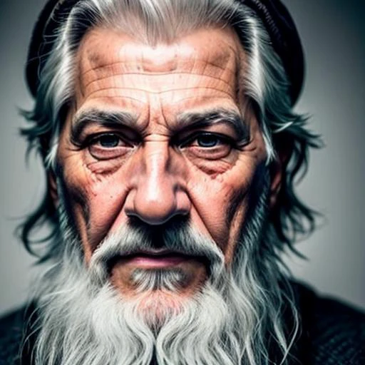 a realistic photo portrait of an old man with a gray beard, intense look, Someone