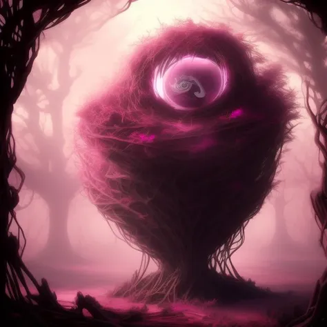 a nest inside a mechanical tree, pink paint, drawing, interesting, Somewhere