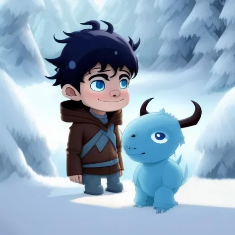 A boy and his friendly creature, ice creature with cute horns, snow forest, Imaginary Friend