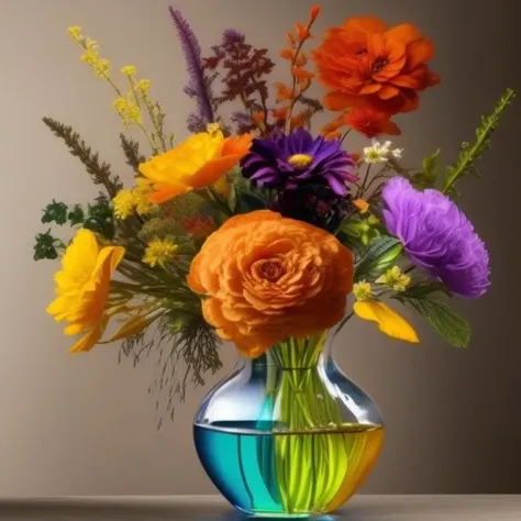 a flower vase with vivid flowers of different elements, Elemental Flowers